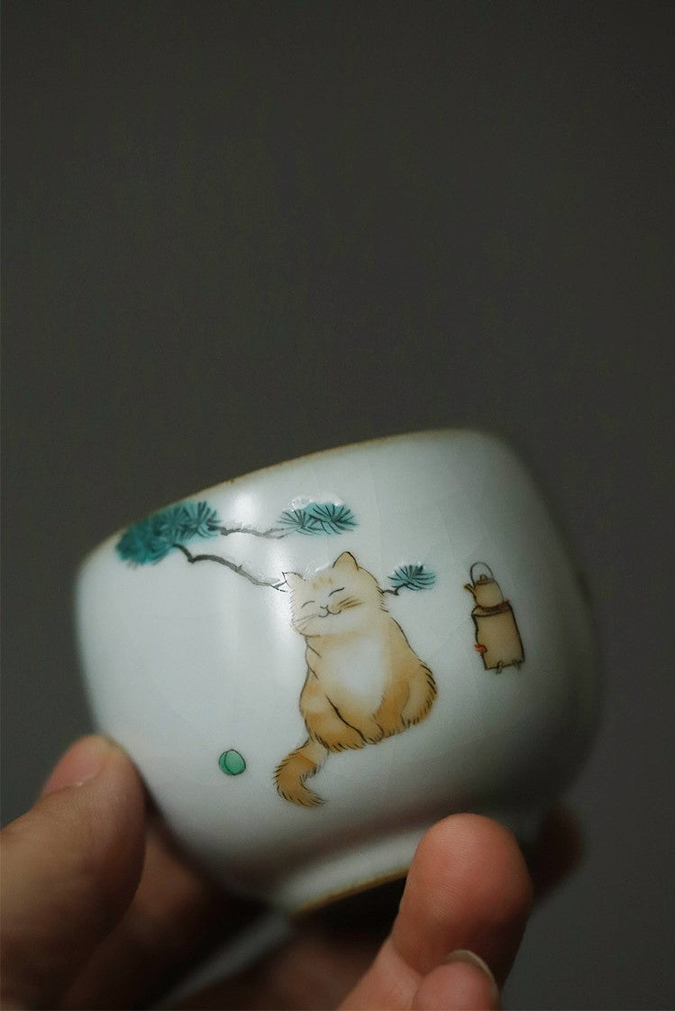 Ru Yao Celadon "Contented Kitty Cat" Hand-Painted Cup