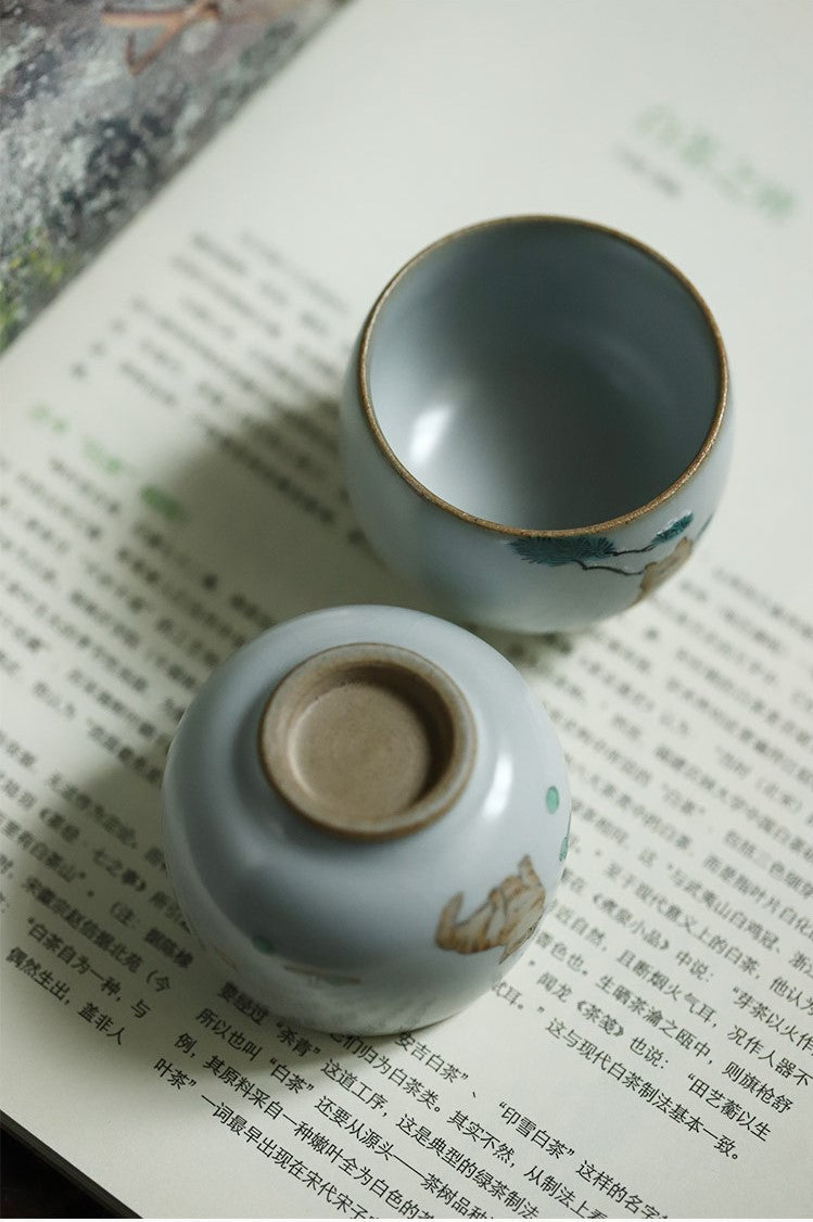 Ru Yao Celadon "Contented Kitty Cat" Hand-Painted Cup