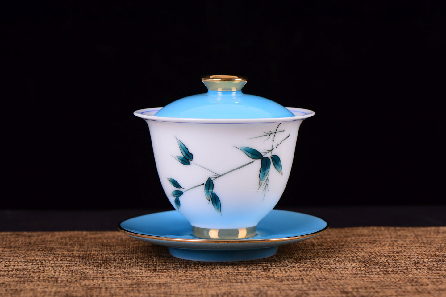 White Porcelain "Blue Bamboo" Hand-Painted Gaiwan and Tea Cups