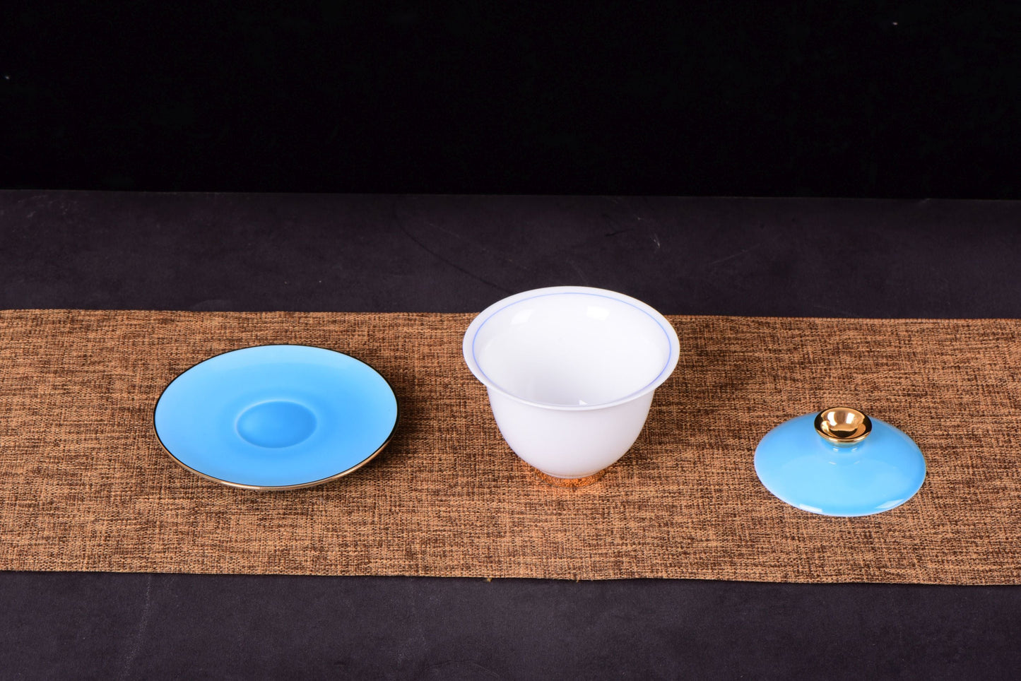 White Porcelain "Blue Bamboo" Hand-Painted Gaiwan and Tea Cups