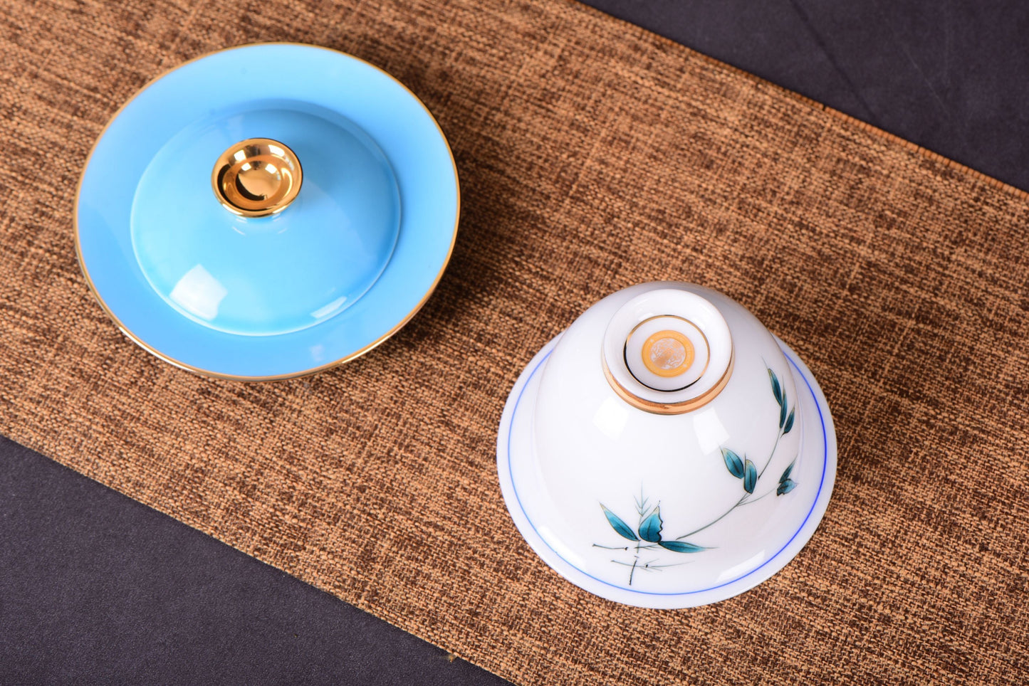 White Porcelain "Blue Bamboo" Hand-Painted Gaiwan and Tea Cups