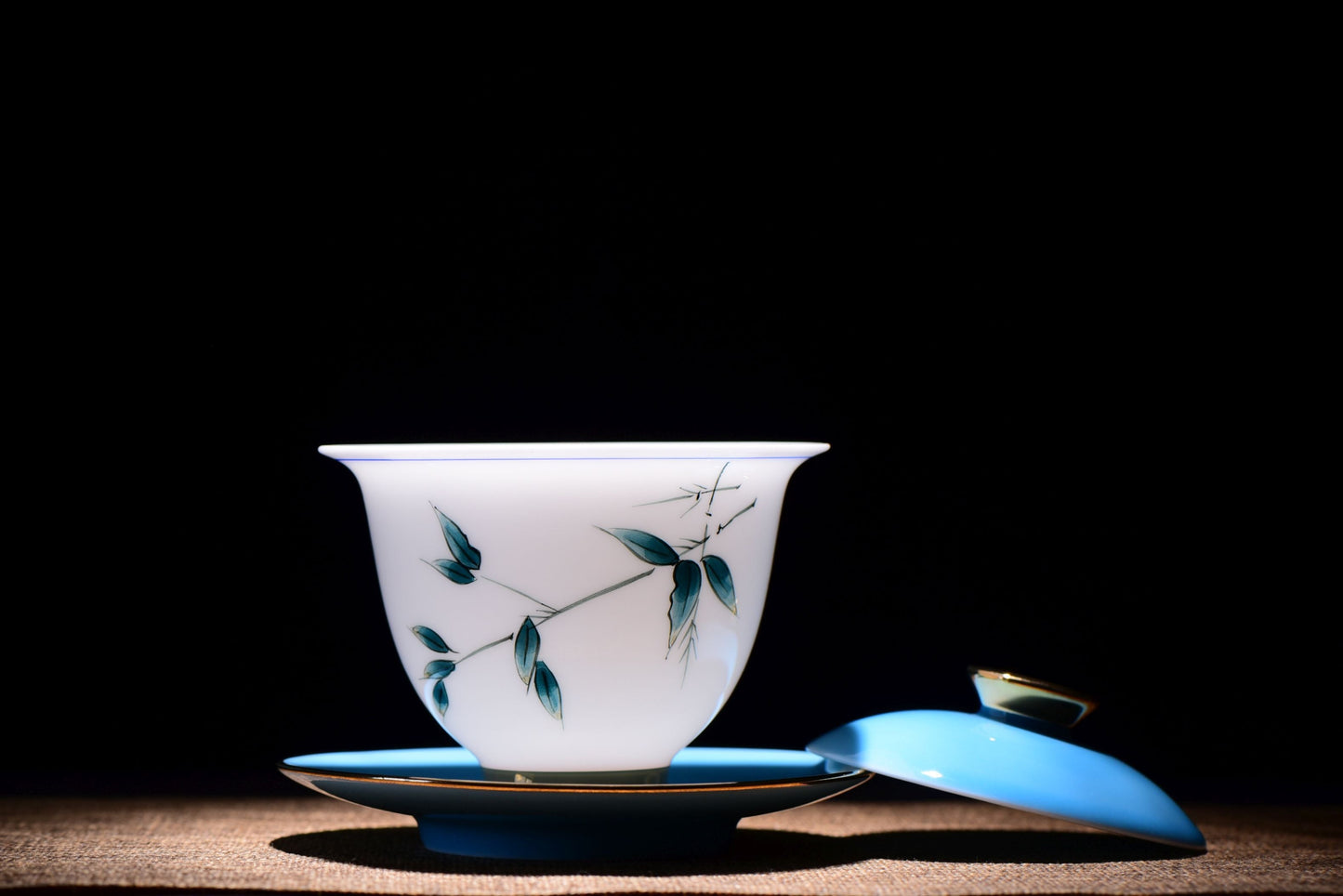 White Porcelain "Blue Bamboo" Hand-Painted Gaiwan and Tea Cups