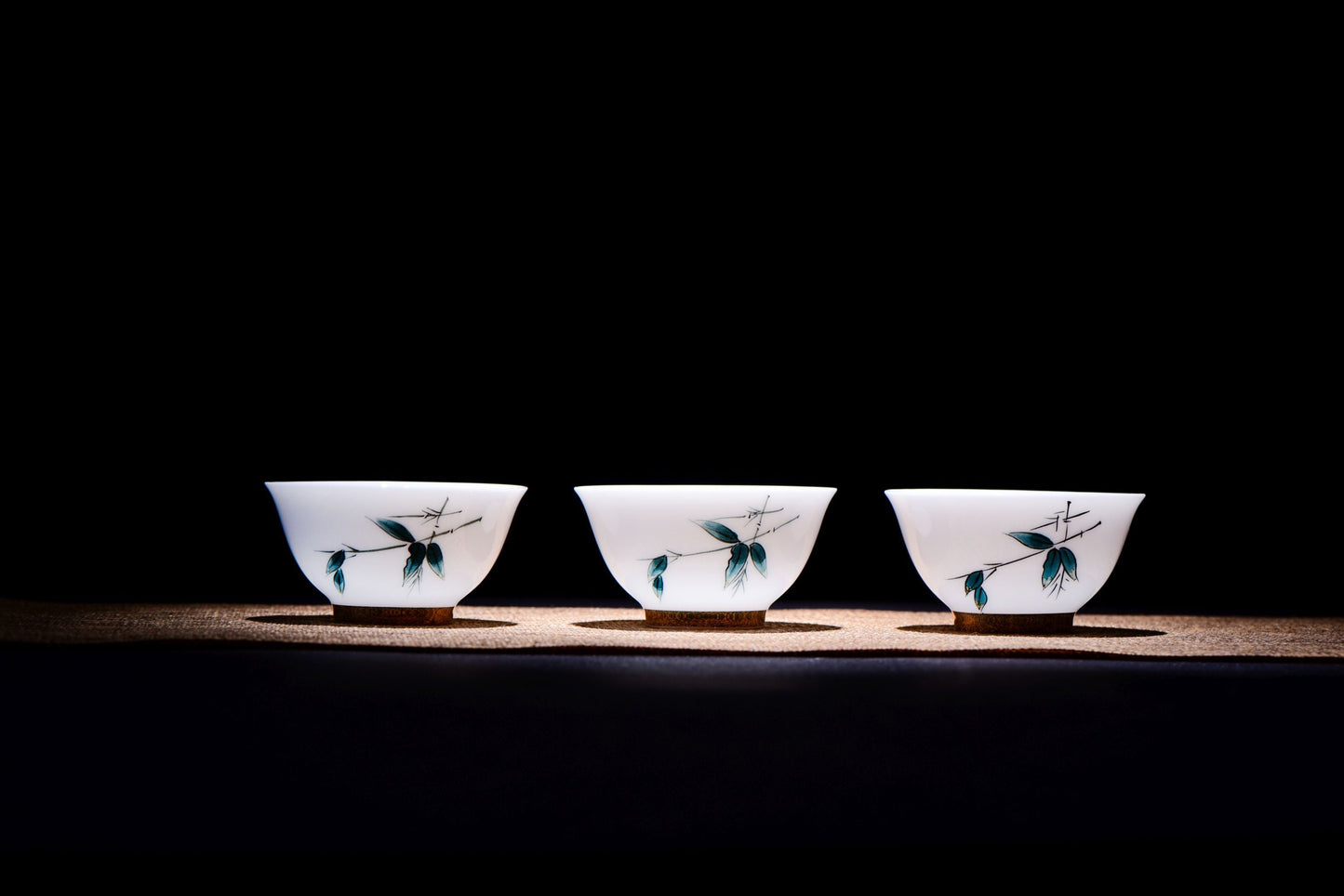 White Porcelain "Blue Bamboo" Hand-Painted Gaiwan and Tea Cups