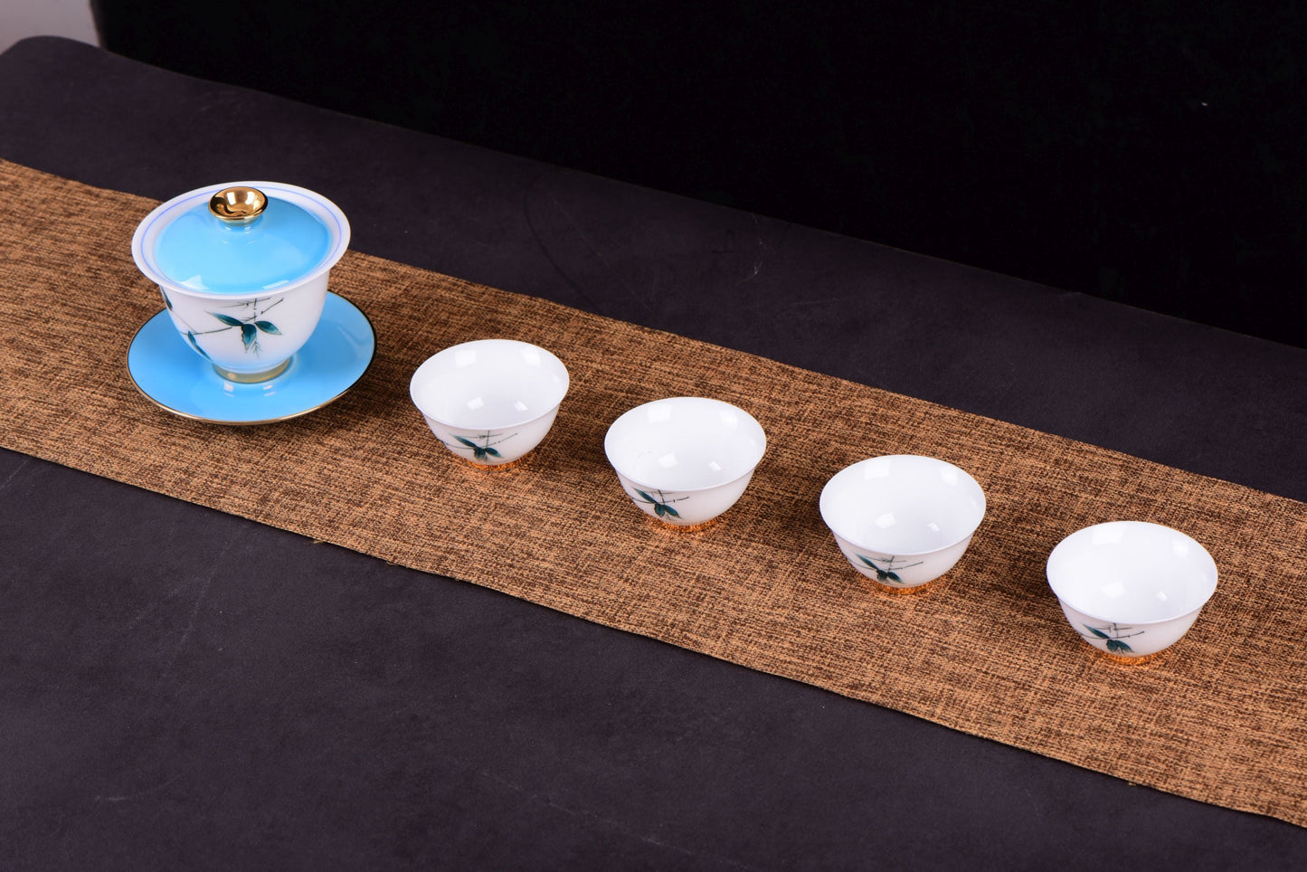 White Porcelain "Blue Bamboo" Hand-Painted Gaiwan and Tea Cups