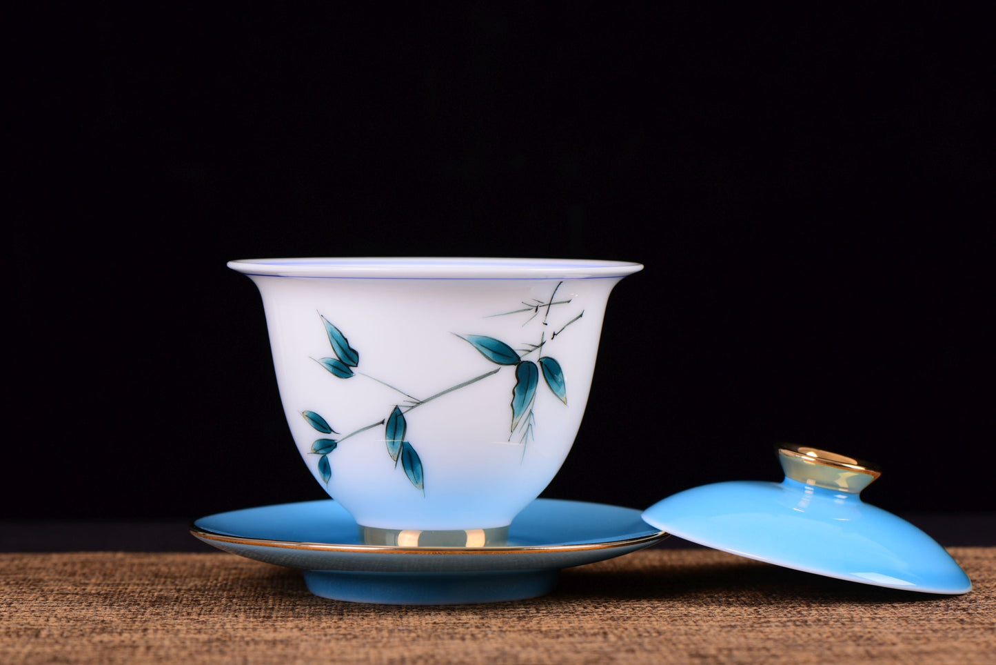 White Porcelain "Blue Bamboo" Hand-Painted Gaiwan and Tea Cups