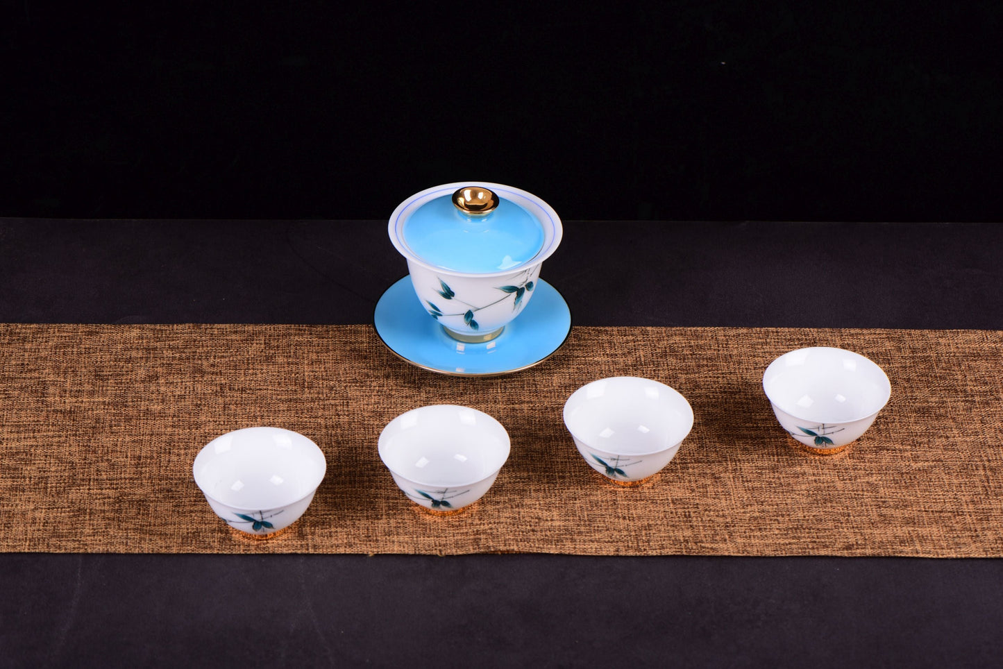 White Porcelain "Blue Bamboo" Hand-Painted Gaiwan and Tea Cups