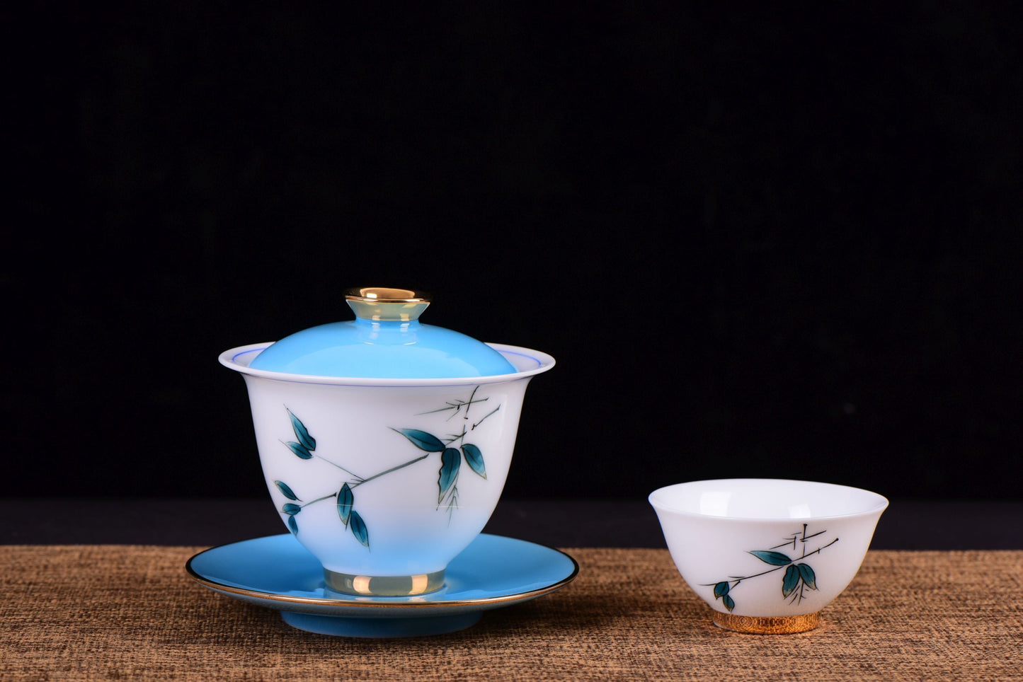 White Porcelain "Blue Bamboo" Hand-Painted Gaiwan and Tea Cups