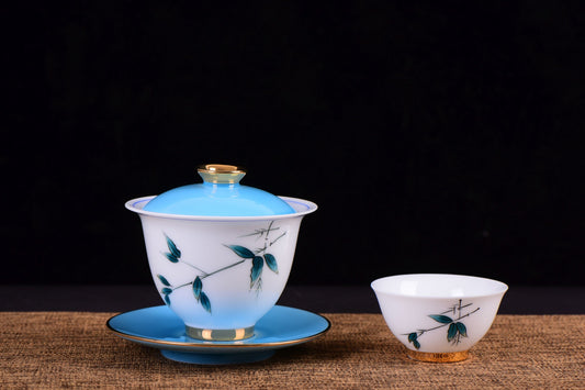 White Porcelain "Blue Bamboo" Hand-Painted Gaiwan and Tea Cups