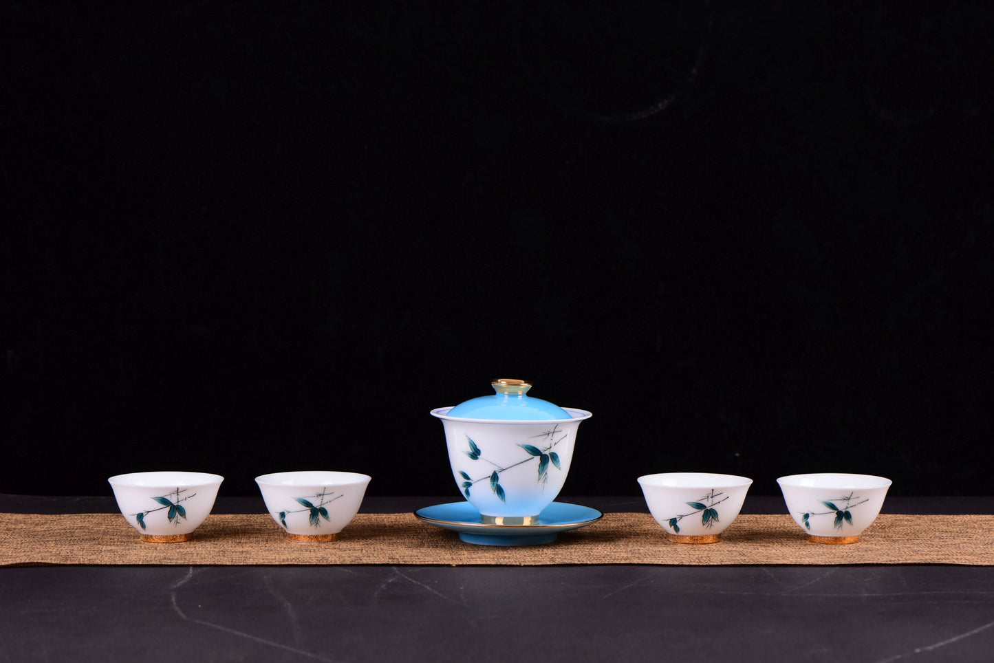 White Porcelain "Blue Bamboo" Hand-Painted Gaiwan and Tea Cups