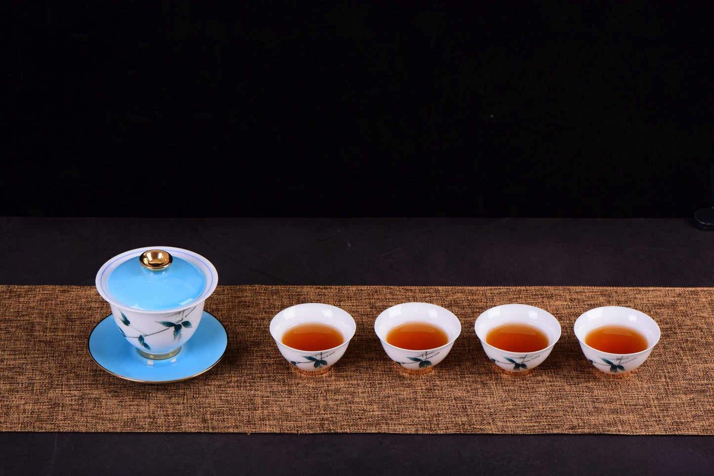 White Porcelain "Blue Bamboo" Hand-Painted Gaiwan and Tea Cups