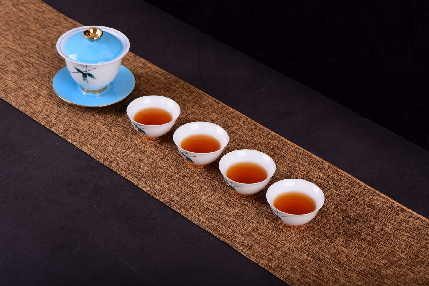 White Porcelain "Blue Bamboo" Hand-Painted Gaiwan and Tea Cups