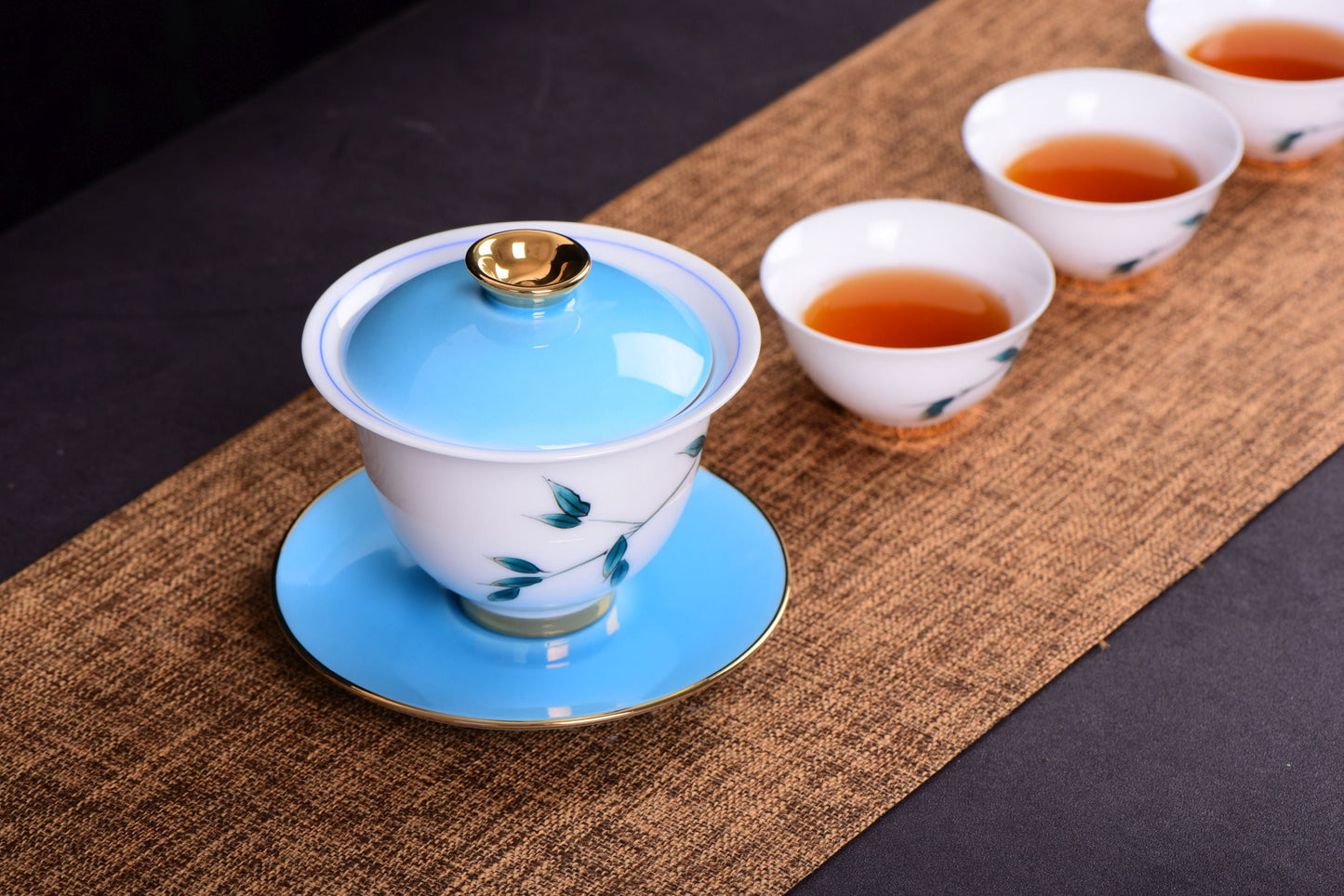White Porcelain "Blue Bamboo" Hand-Painted Gaiwan and Tea Cups