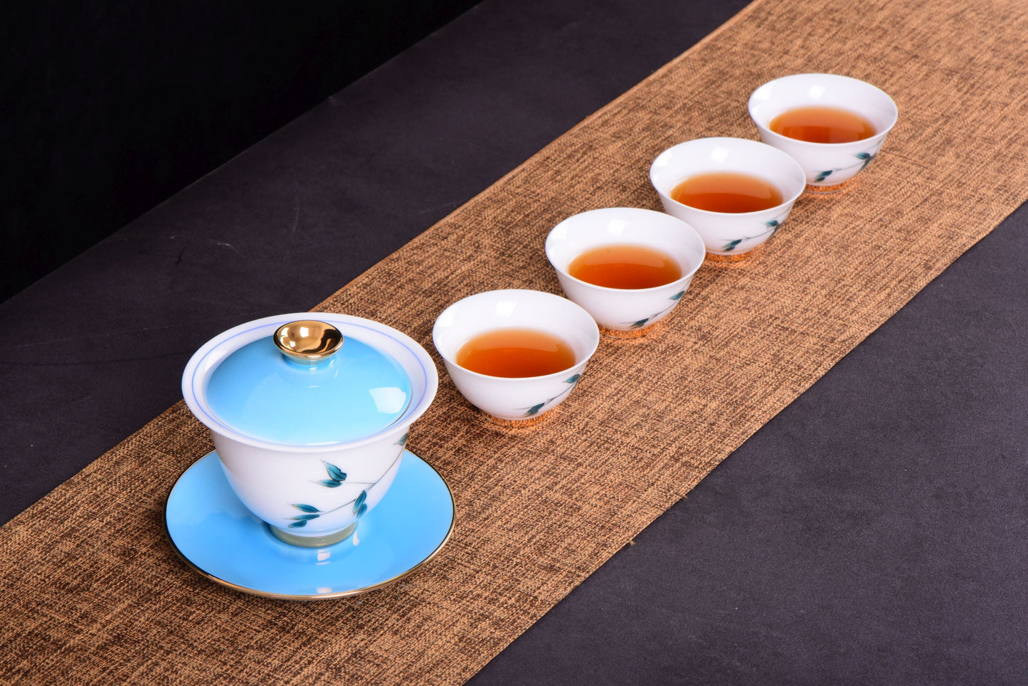 White Porcelain "Blue Bamboo" Hand-Painted Gaiwan and Tea Cups