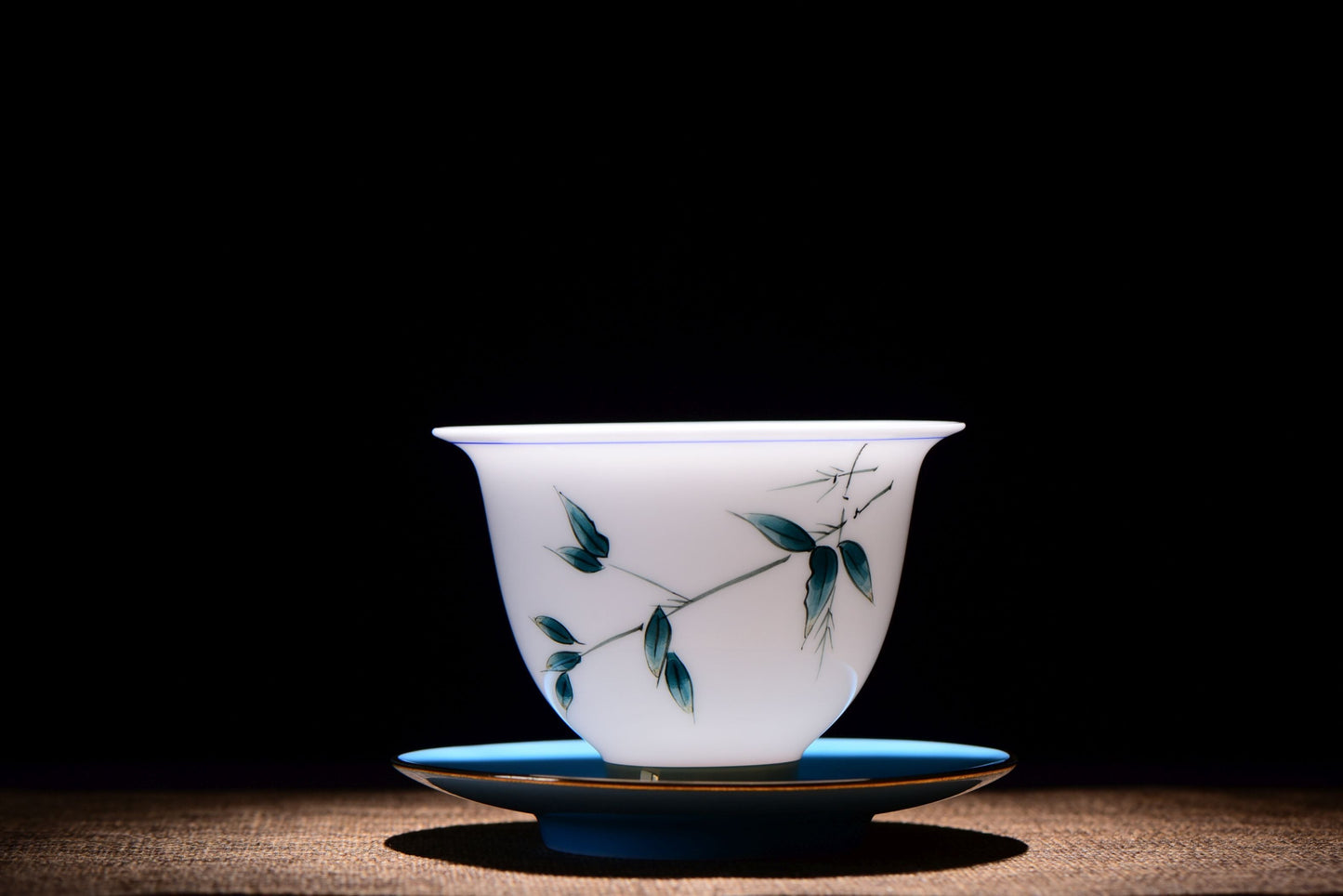 White Porcelain "Blue Bamboo" Hand-Painted Gaiwan and Tea Cups