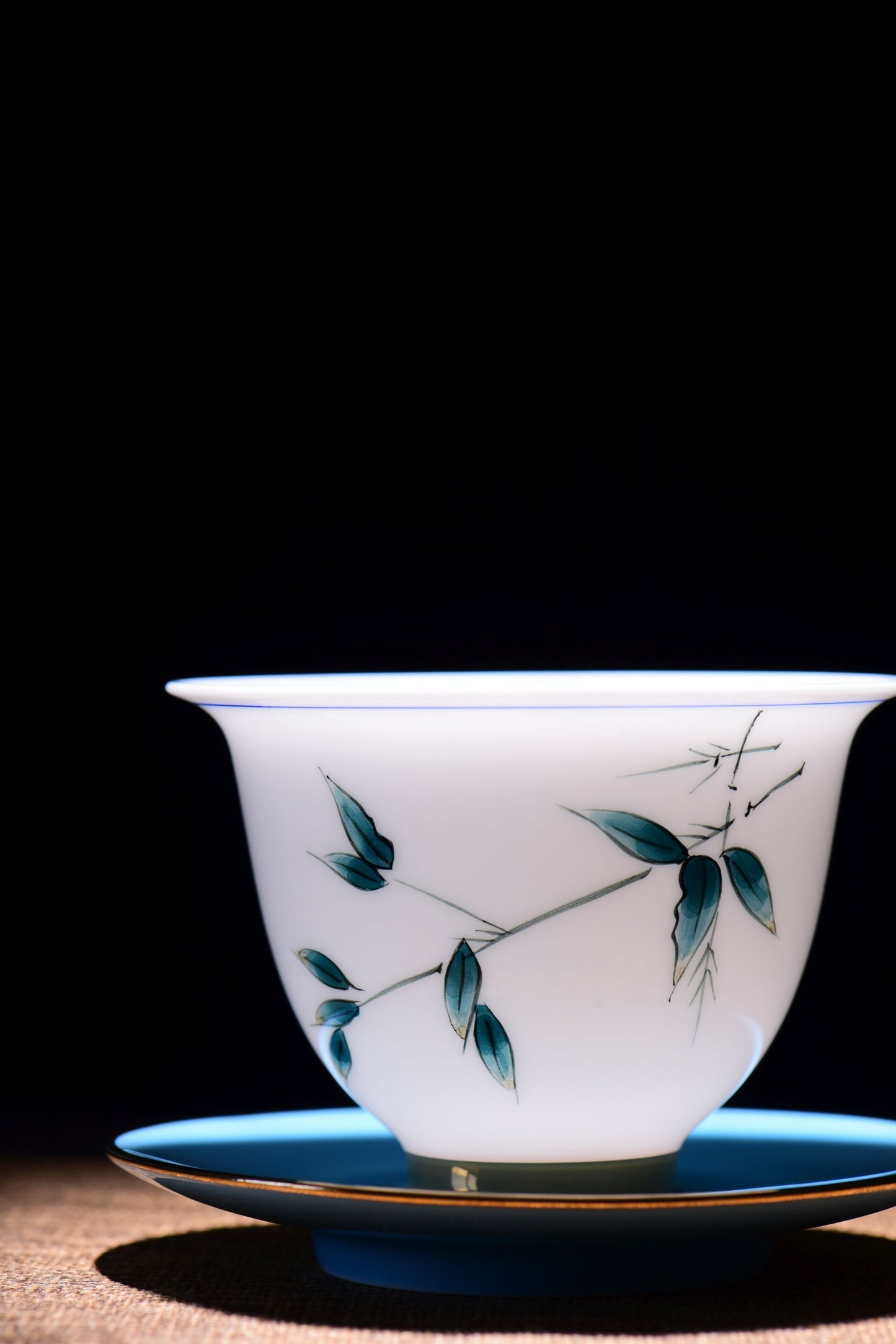 White Porcelain "Blue Bamboo" Hand-Painted Gaiwan and Tea Cups