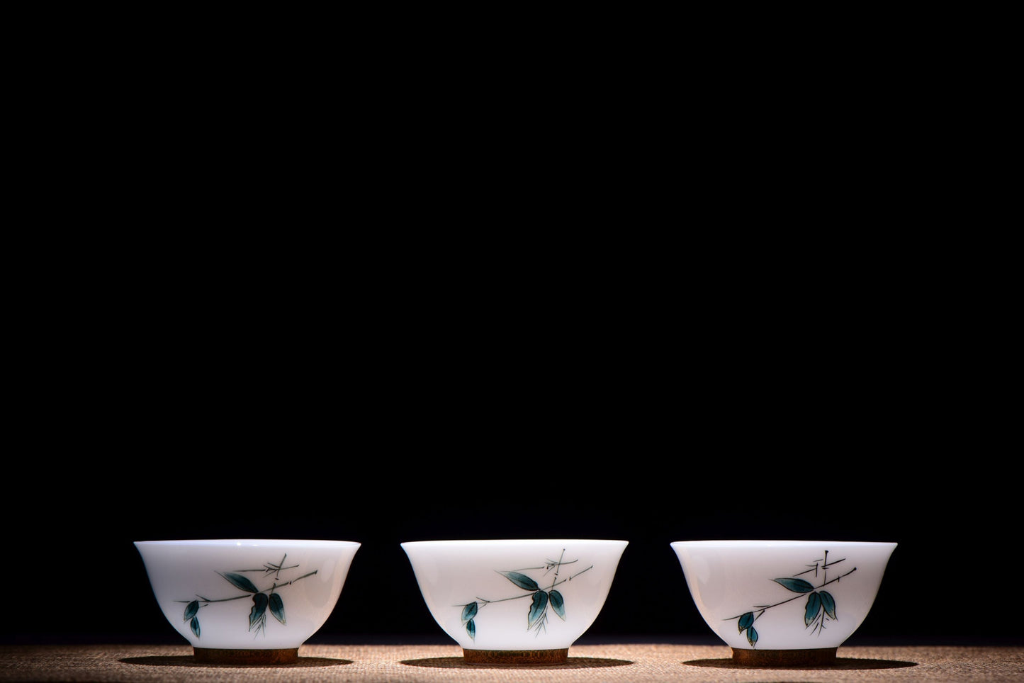 White Porcelain "Blue Bamboo" Hand-Painted Gaiwan and Tea Cups