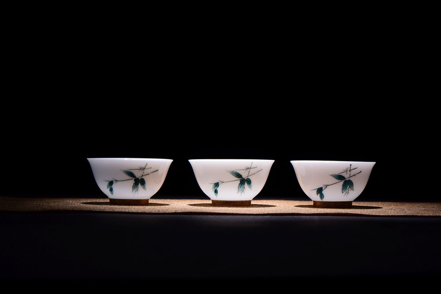 White Porcelain "Blue Bamboo" Hand-Painted Gaiwan and Tea Cups