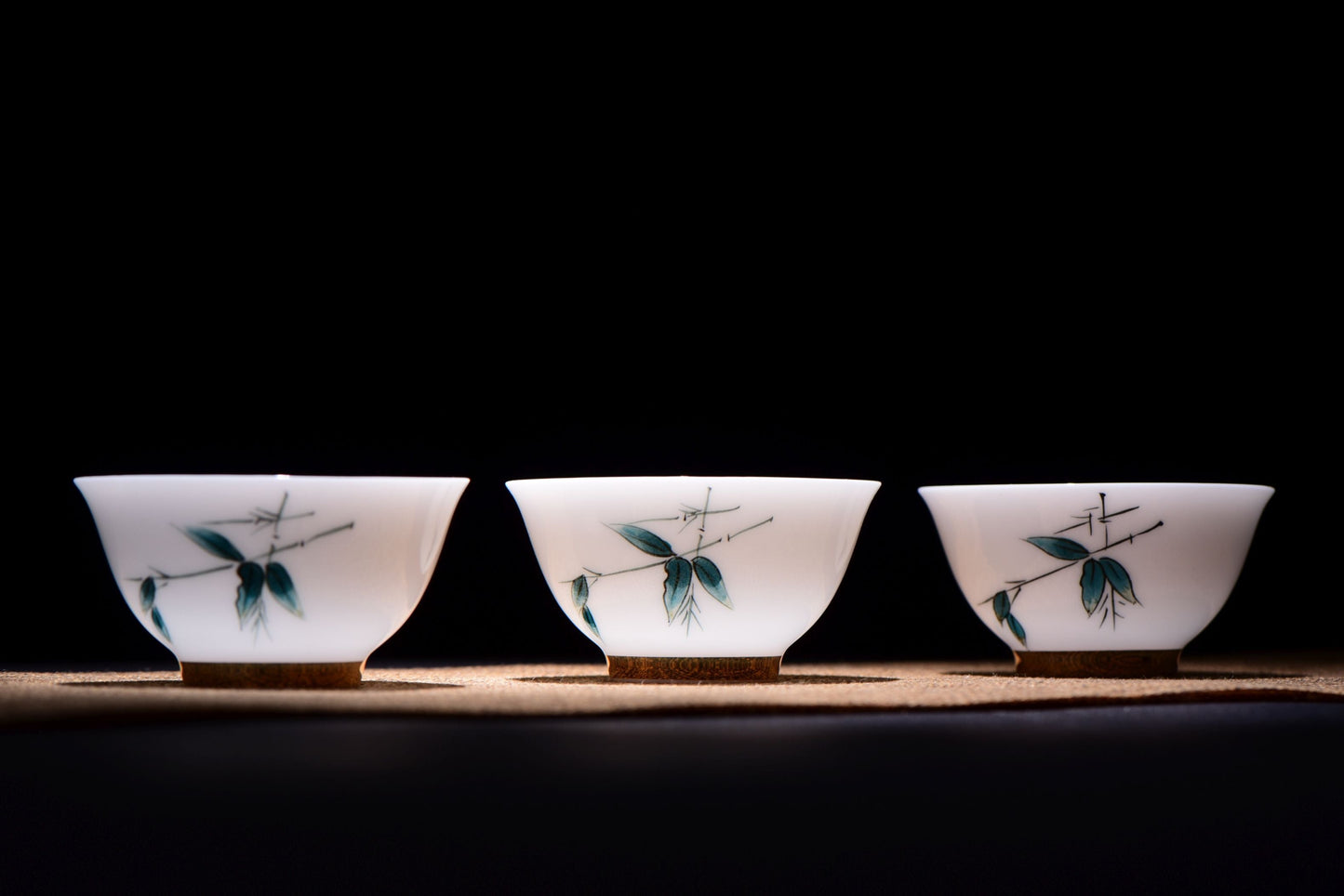 White Porcelain "Blue Bamboo" Hand-Painted Gaiwan and Tea Cups